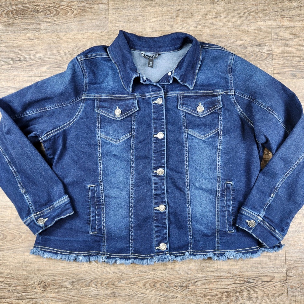 Baccini Womens Plus 2X Dark Wash Frayed Hem Stretch Denim Jacket Blue
